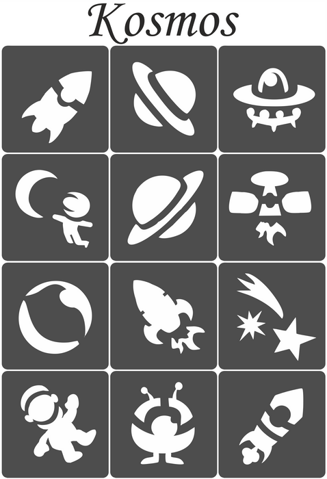 Szablony do tatuaży brokatowych Zestaw Kosmos 12 szt.