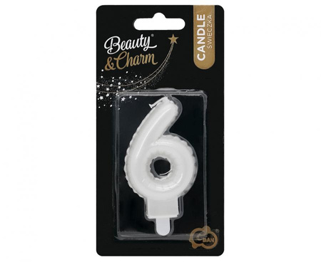 Świeczka urodzinowa cyfra 6 jak balon foliowy perłowa biała, 7 cm
