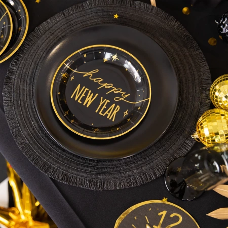 Talerzyki papierowe Happy New Year czarno-złote na Sylwestra 18 cm 6 szt.