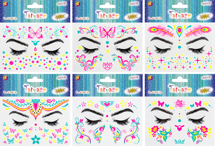 Tatuaże zmywalne wodne do twarzy fluorescencyjne UV mix wzorów