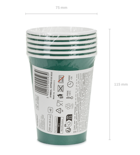 Kubeczki papierowe jednokolorowe ciemny zielony 250ml 6 szt. PartyDeco
