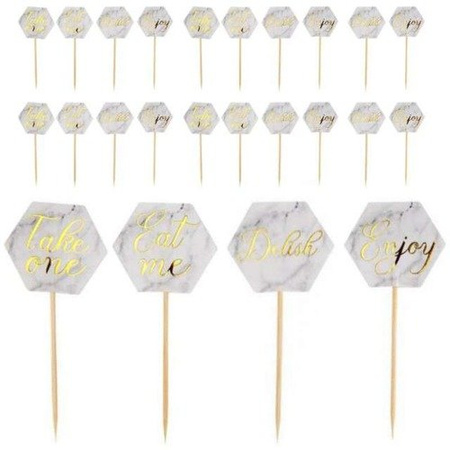Pikery toppery marmur w złote napisy dekoracje na tort muffinki 20szt
