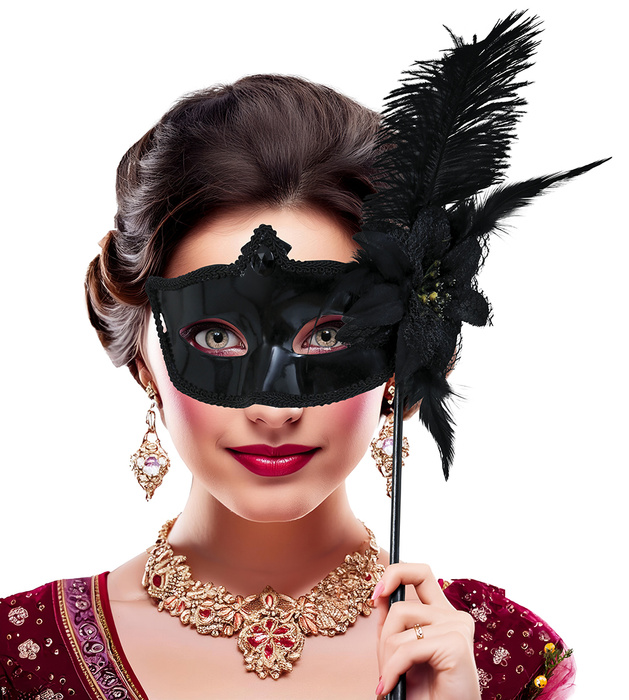 Maska czarna wenecka z piórami i uchwytem