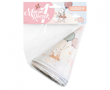 Czapeczki papierowe urodzinowe na Roczek króliczek 6 szt.