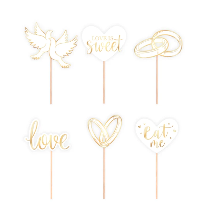 Pikkery Toppery Ślub  Wesele biało- złote 12 szt.