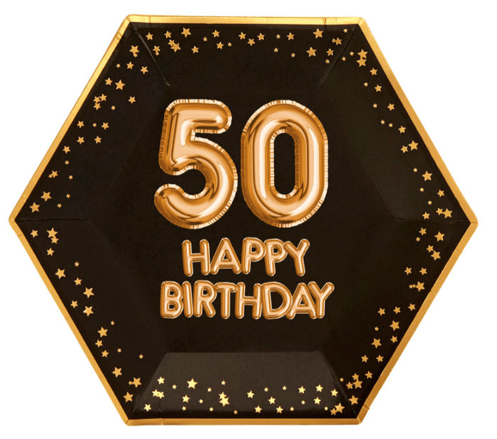 Talerzyki papierowe czarne w złote gwiazdki - 50 HAPPY BIRTHDAY