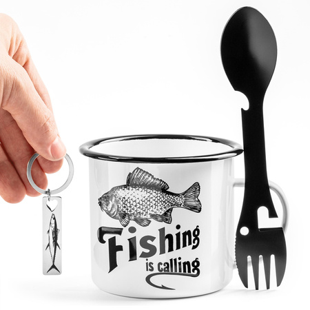 Zestaw upominkowy dla wędkarza - kubek emaliowany, multiniezbędnik i brelok