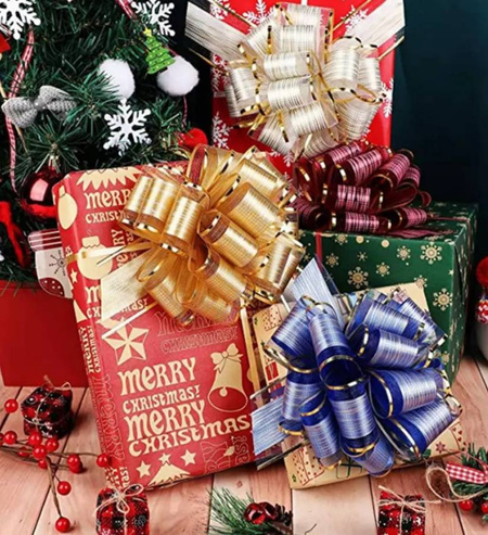 Kokarda XL ściągana do pakowania prezentów złota 17 cm