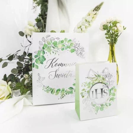 Torebka prezentowa Pierwsza Komunia Święta IHS eukaliptus - duże