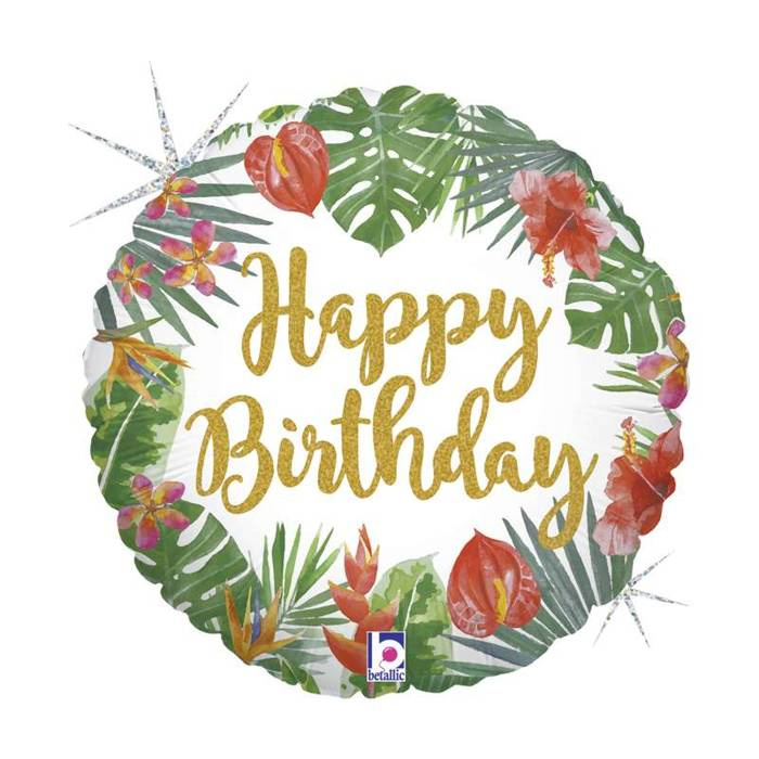 Balon foliowy Happy Birthday Tropical okrągły 18"