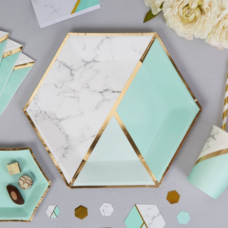 Talerzyki papierowe marmur złote paski Mint sześciokąt rozm.L 8 szt.