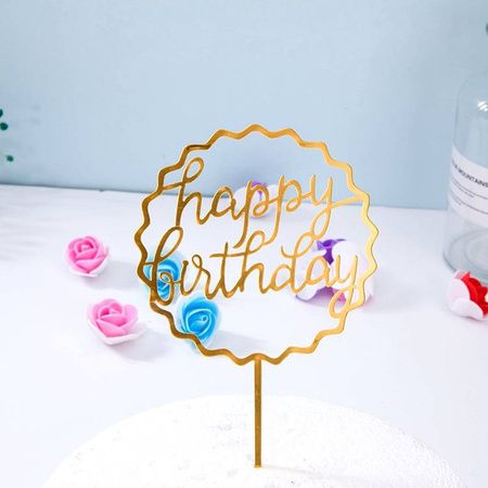 Topper dekoracyjny na tort okrągły pofalowany HAPPY BIRTHDAY złoty