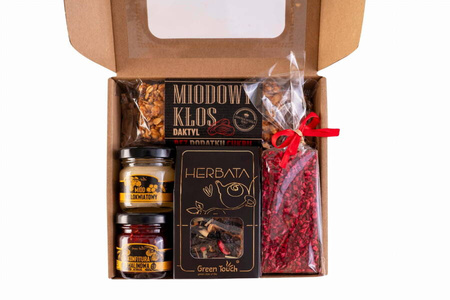 Zestaw prezentowy herbata miód konfitura malinowa czekolada baton miodowy
