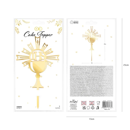 Topper lustrzany na tort Komunia Święta IHS Kielich 14 cm