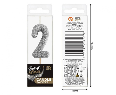 Świeczka urodzinowa cyfra 2 czarna ze srebrnym brokatem