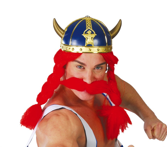 Hełm Wikinga niebieski ze złotymi rogami Obeliks