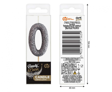 Świeczka urodzinowa cyfra 0 czarna ze srebrnym brokatem