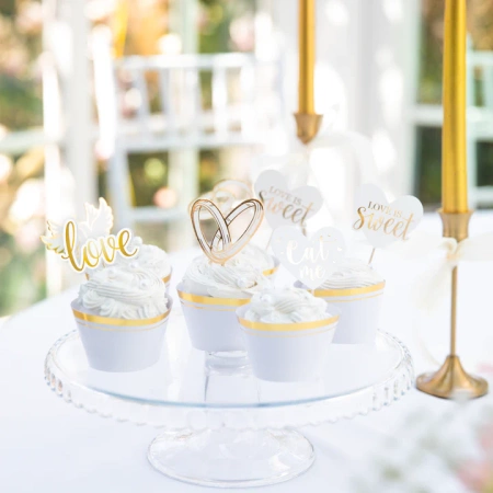 Pikkery Toppery Ślub Wesele biało- złote 12 szt.