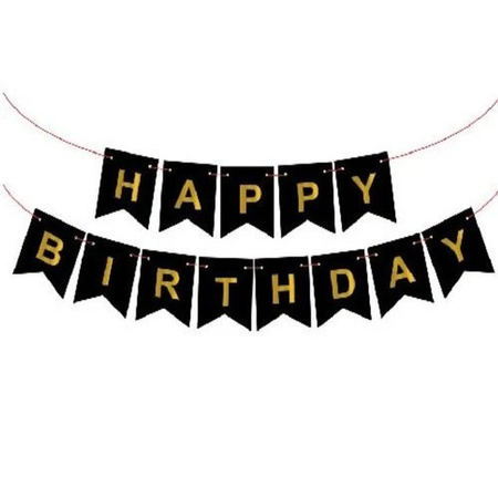 Baner girlanda CZARNY "Happy Birthday" złoty napis