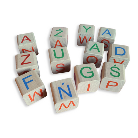 Klocki drewniane edukacyjne - ALFABET - OUTLET - możliwe skazy w drewnie + brak opakowania