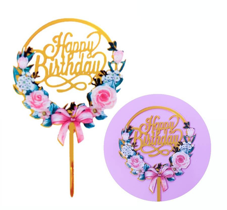 Topper dekoracyjny na tort okrągły HAPPY BIRTHDAY kwiaty