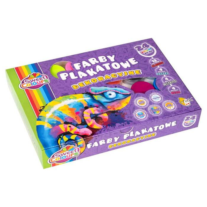 Farby plakatowe - dekoracyjne 24 kolory: 12 standardowych + 4 neon + 4 metalik + 4 brokaty