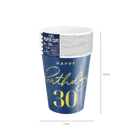 Kubeczki papierowe 30 URODZINY granatowe 220 ml 6 szt.
