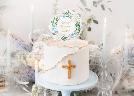 Topper dekoracyjny na tort Pierwsza Komunia Święta kwiaty 20 cm