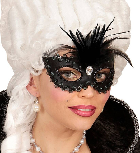 Maska czarna wenecka z piórami