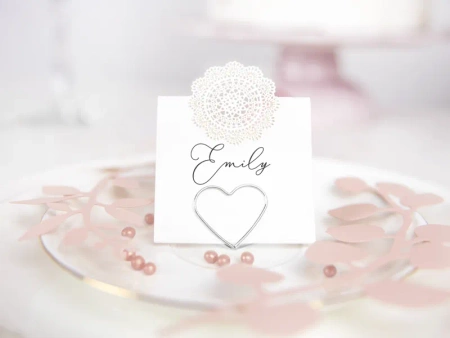 Stojaki na winietki serca srebrne 2,5 cm zestaw 10 szt.