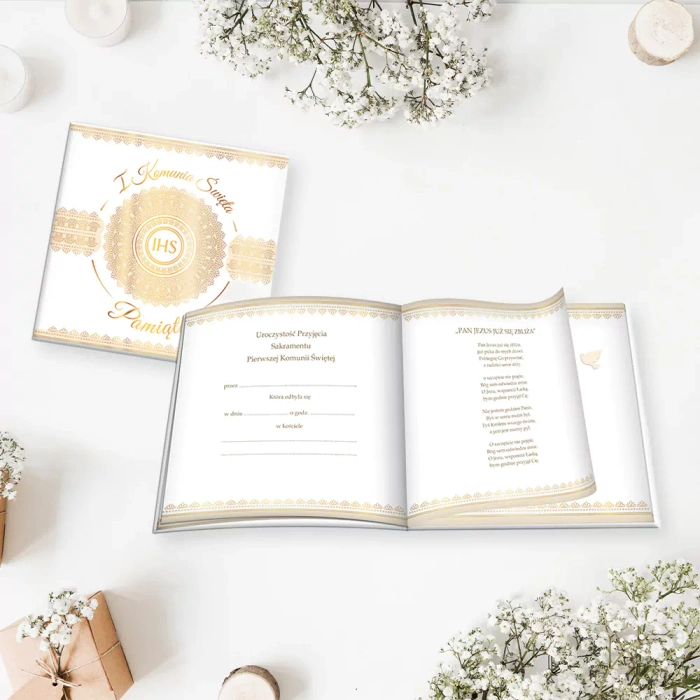 Pamiątka Pierwszej Komunii Świętej - książeczka IHS złoty wzór