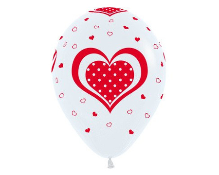 Balony Sempertex Serca w kropki 12'' 12 szt Mix biało-czerwony