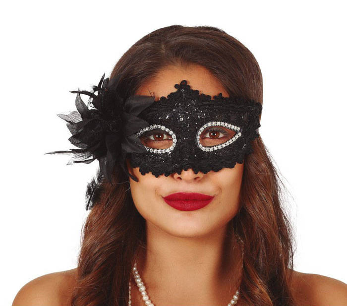 Maska karnawałowa koronkowa CZARNA z kwiatem