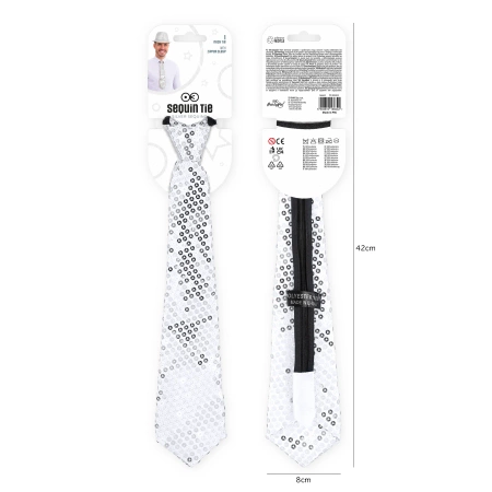 Krawat cekinowy srebrny 36 cm na Sylwestra i karnawał