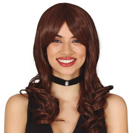 Peruka długa brązowa z grzywką na boki