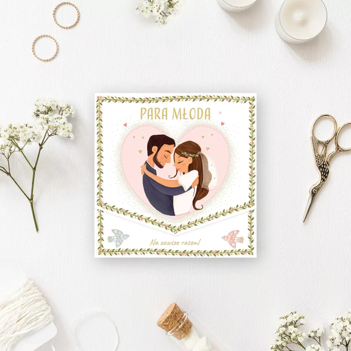 Kartka na ślub wesele z życzeniami z kieszonką na pieniądze 1 szt.