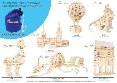 Klocki drewniane Linden, zestaw 400 szt. w worku żeglarskim