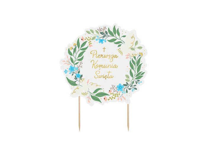 Topper dekoracyjny na tort Pierwsza Komunia Święta kwiaty 20 cm