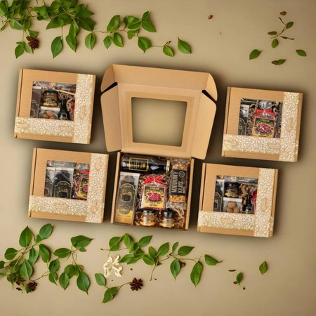 Box zestaw prezentowy prezent kawa miód syrop czekolada baton migdały kraft