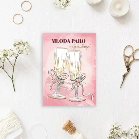 Kartka na ślub wesele kieliszki Młoda Paro, Gratulacje!