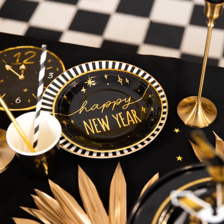 Talerzyki papierowe Happy New Year czarno-złote na Sylwestra 18 cm 6 szt.