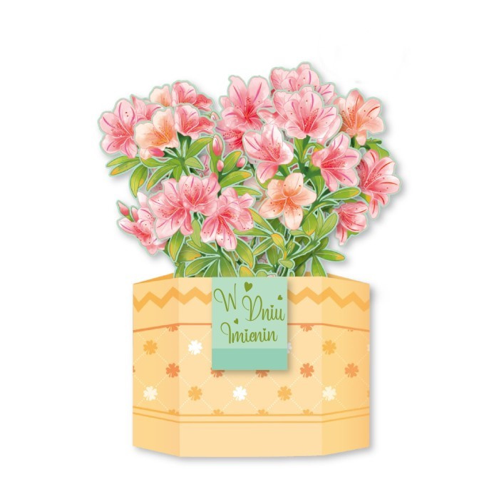 Kartka okolicznościowa 3D przestrzenna Bukiet Różowe Azalie W Dniu Imienin
