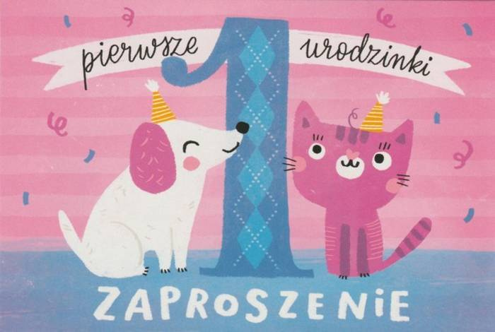 Zaproszenie PIERWSZE URODZINKI kotek piesek ROCZEK