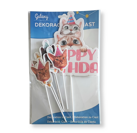 Toppery na tort kotki Happy Birthday zestaw 7szt.