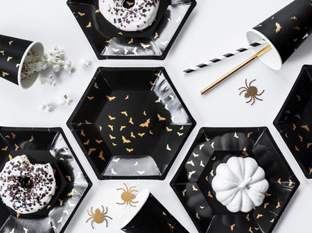 Talerzyki papierowe Czarne w złote nietoperze sześciokąt 20cm 6 szt