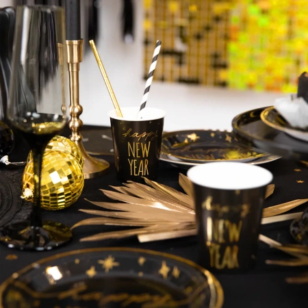 Kubeczki papierowe Happy New Year czarno-złote na Sylwestra 220ml 6szt.