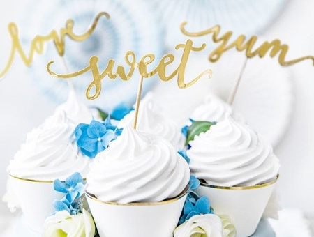 Pikery toppery napisy love sweet yum złote dekoracje muffinek tortu 6 szt