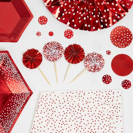 Pikery toppery okrągłe czerwone i białe w czerwone kropeczki dekoracje na tort 8szt