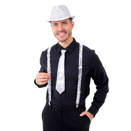 Krawat cekinowy srebrny 36 cm na Sylwestra i karnawał