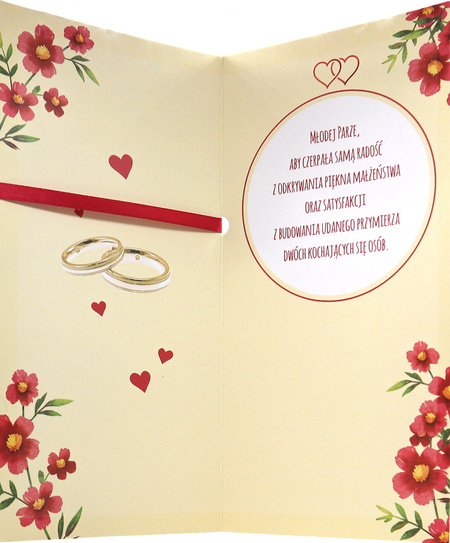 Kartka okolicznościowa W DNIU ŚLUBU czerwone serca kokarda